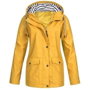 Women's Raincoats Women Solid Rain Jacket Outdoor Plus Size Hooded Raincoat Windproof Yellow 3XL Fall Savings Clearance